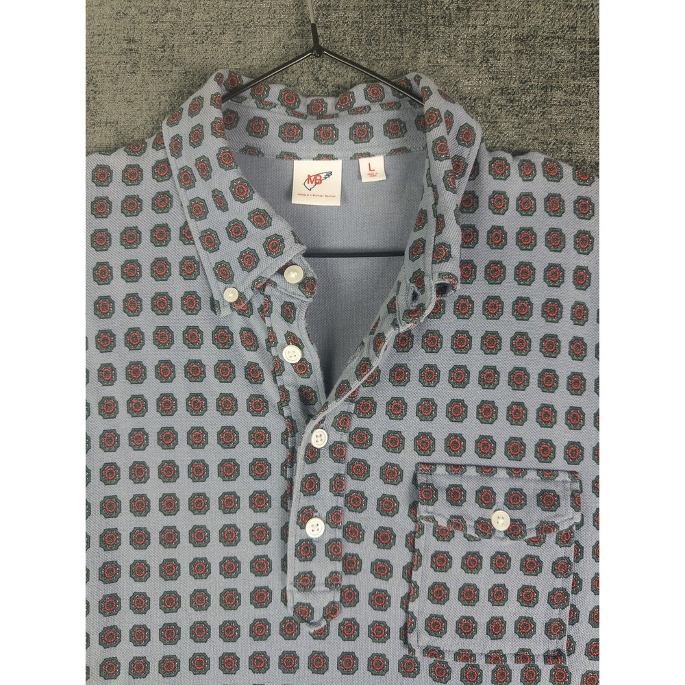 Uniqlo Light Blue Polo Shirt with Red and Black Geo Print